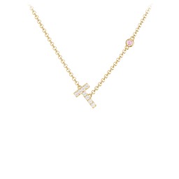 Pavé T Initial Necklace with Satellite Gemstone in 9K Solid Yellow Gold with White Premium Zirconia and Pink Tourmaline