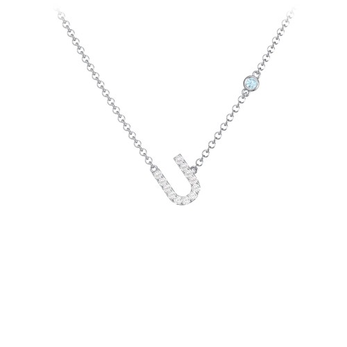 Pavé U Initial Necklace with Satellite Gemstone – Sterling Silver with White Premium Zirconia and Blue Topaz