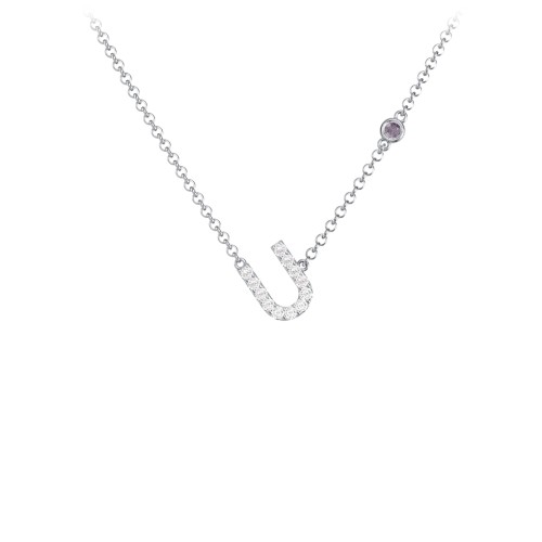 Pavé U Initial Necklace with Satellite Gemstone – Sterling Silver with White Premium Zirconia and Alexandrite