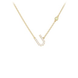 Pavé U Initial Necklace with Satellite Gemstone in 9K Solid Yellow Gold with White Premium Zirconia and Peridot