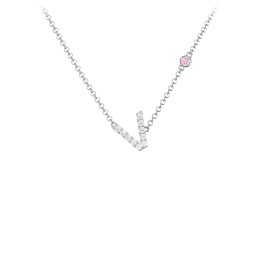 Pavé V Initial Necklace with Satellite Gemstone in 925 Sterling Silver with White Premium Zirconia and Pink Tourmaline