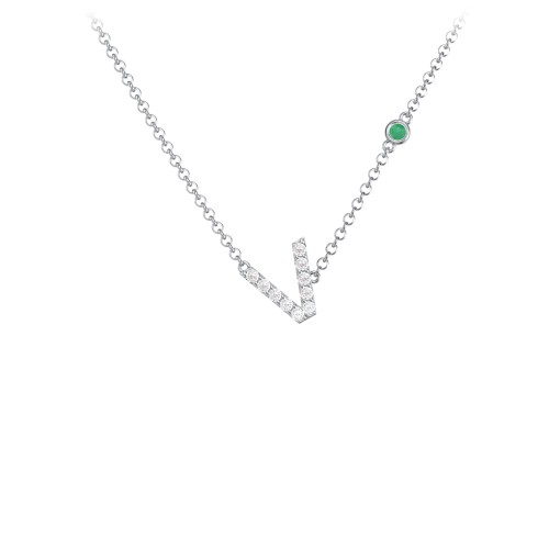 Pavé V Initial Necklace with Satellite Gemstone – Sterling Silver with White Premium Zirconia and Emerald