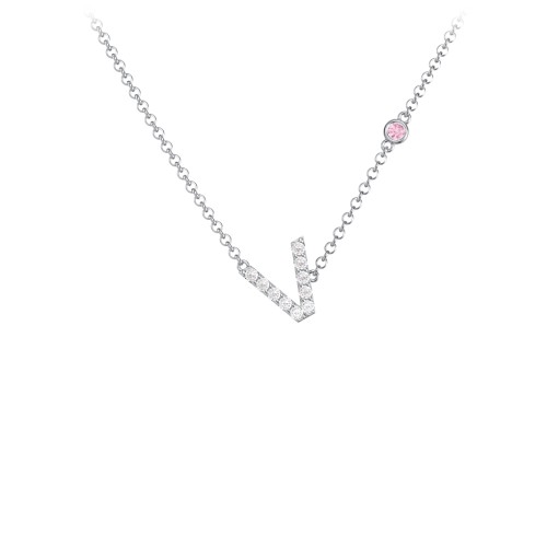 Pavé V Initial Necklace with Satellite Gemstone – Sterling Silver with White Premium Zirconia and Pink Tourmaline