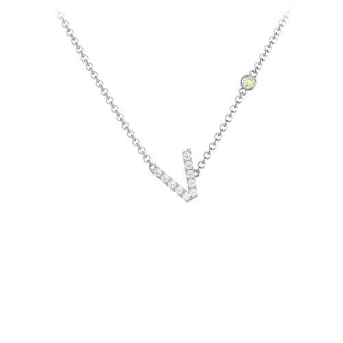 Pavé V Initial Necklace with Satellite Gemstone – Sterling Silver with White Premium Zirconia and Peridot