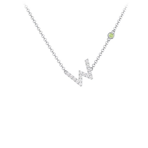 Pavé W Initial Necklace with Satellite Gemstone – Sterling Silver with White Premium Zirconia and Peridot