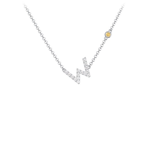 Pavé W Initial Necklace with Satellite Gemstone – Sterling Silver with White Premium Zirconia and Citrine