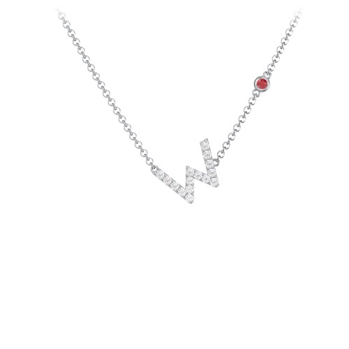 Pavé W Initial Necklace with Satellite Gemstone – Sterling Silver with White Premium Zirconia and Garnet