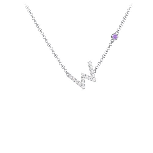 Pavé W Initial Necklace with Satellite Gemstone – Sterling Silver with White Premium Zirconia and Amethyst