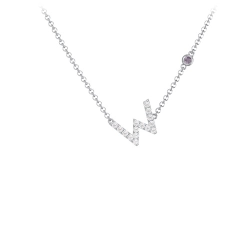 Pavé W Initial Necklace with Satellite Gemstone – Sterling Silver with White Premium Zirconia and Alexandrite