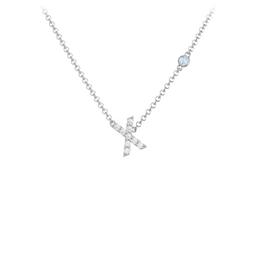 Pavé X Initial Necklace with Satellite Gemstone – Sterling Silver with White Premium Zirconia and Blue Topaz
