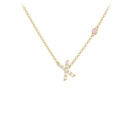 Pavé X Initial Necklace with Satellite Gemstone in 9K Solid Yellow Gold with White Premium Zirconia and Pink Tourmaline