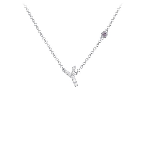 Pavé Y Initial Necklace with Satellite Gemstone – Sterling Silver with White Premium Zirconia and Alexandrite