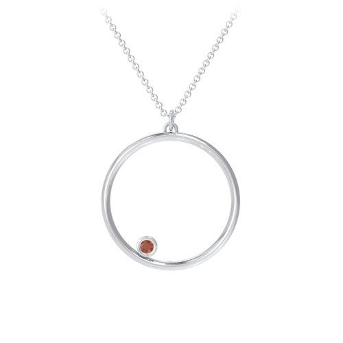 Open Circle Necklace with 1 Birthstone – Sterling Silver with Garnet
