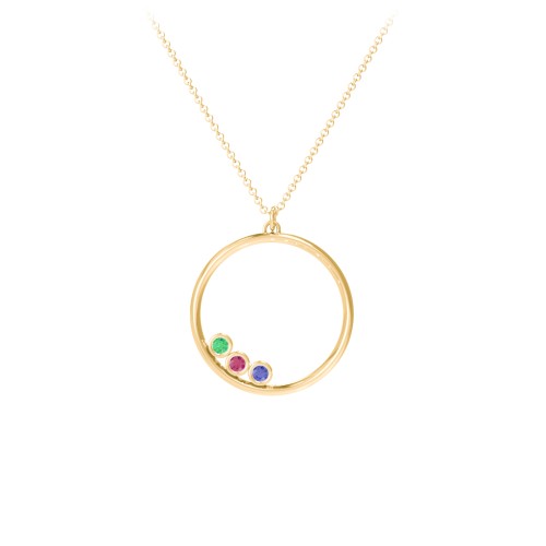 Open Circle Necklace with 3 Birthstones – 9kt Yellow Gold with Emerald, Ruby, and Blue Sapphire