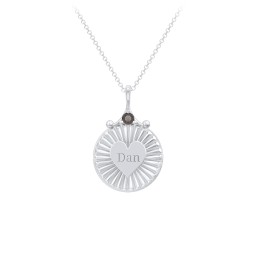 Engravable Sunburst Heart Necklace with Gemstone in 925 Sterling Silver with Smokey Quartz