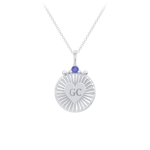 Engravable Sunburst Heart Necklace with Gemstone – Sterling Silver with Blue Sapphire