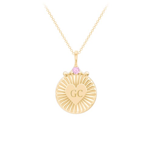 Engravable Sunburst Heart Necklace with Gemstone – 9kt Yellow Gold with Pink Tourmaline