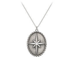 Engravable North Star Medallion Necklace with Accent Stone in 925 Sterling Silver with White Premium Zirconia