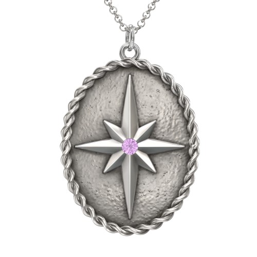 Engravable North Star Medallion Necklace with Accent Stone – Sterling Silver with Amethyst