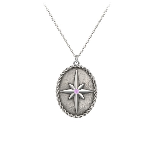 Engravable North Star Medallion Necklace with Accent Stone – Sterling Silver with Amethyst