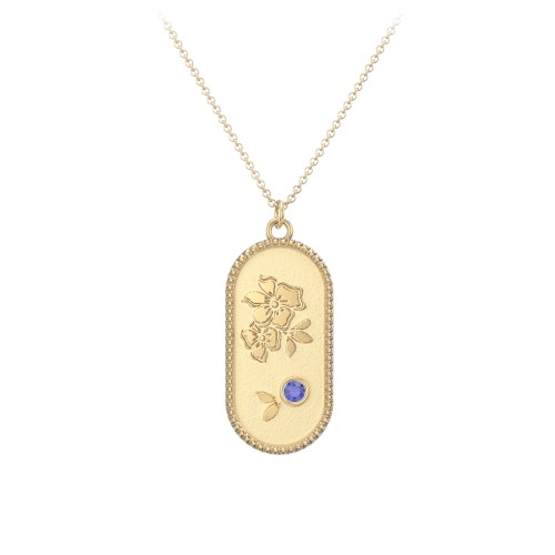 Engravable Forget-Me-Not Flower Medallion Necklace with Gemstone – 9kt Yellow Gold with Blue Sapphire