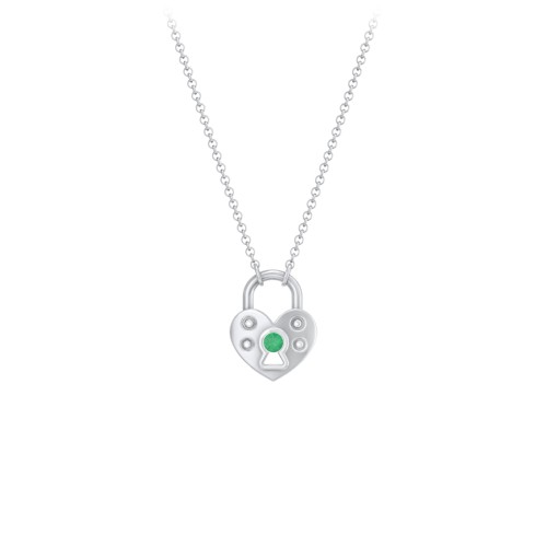 Heart Padlock Necklace with Gemstone Keyhole – Sterling Silver with Emerald