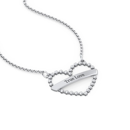 Beaded Open Heart Necklace with Engravable Bar – Sterling Silver