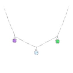 Bezel Set Birthstone Drop Necklace - 3 Stone in 925 Sterling Silver with Amethyst, Blue Topaz, and Emerald