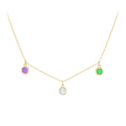 Bezel Set Birthstone Drop Necklace - 3 Stone in 9K Solid Yellow Gold with Amethyst, Blue Topaz, and Emerald
