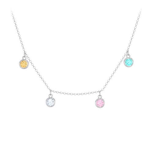 Bezel Set Birthstone Drop Necklace - 4 Stone – Sterling Silver with Citrine, Aquamarine, Pink Tourmaline, and Mint Premium Zirconia