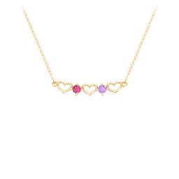 Heart To Heart Necklace with 2 Birthstones in 9K Solid Yellow Gold with Red Premium Zirconia and Amethyst