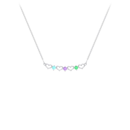 Heart To Heart Necklace with 3 Birthstones – Sterling Silver with Mint Premium Zirconia, Amethyst, and Emerald