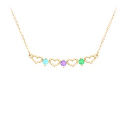Heart To Heart Necklace with 3 Birthstones in 9K Solid Yellow Gold with Mint Premium Zirconia, Amethyst, and Green Premium Zirconia
