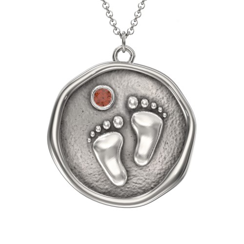 Engravable Baby Footprint Medallion Necklace with Birthstone – Sterling Silver with Garnet