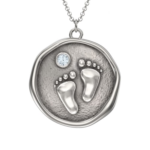 Engravable Baby Footprint Medallion Necklace with Birthstone – Sterling Silver with Aquamarine