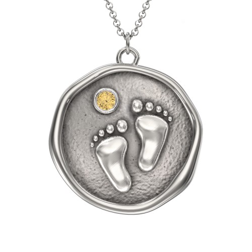 Engravable Baby Footprint Medallion Necklace with Birthstone – Sterling Silver with Citrine