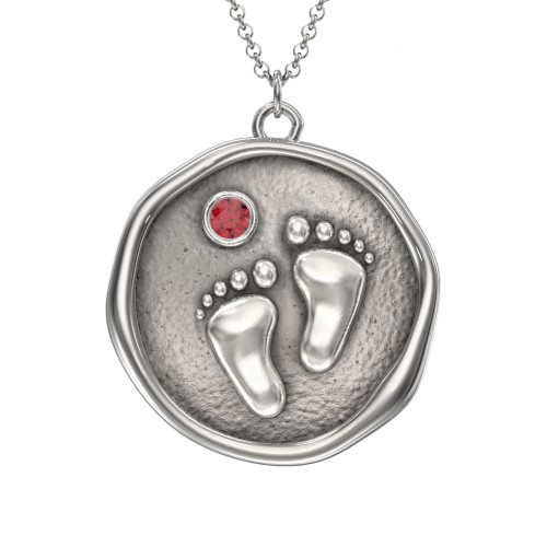 Engravable Baby Footprint Medallion Necklace with Birthstone – Sterling Silver with Garnet