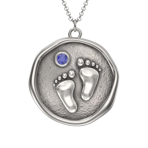Engravable Baby Footprint Medallion Necklace with Birthstone – Sterling Silver with Blue Sapphire