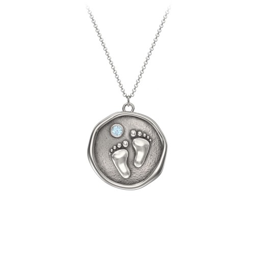 Engravable Baby Footprint Medallion Necklace with Birthstone – Sterling Silver with Blue Topaz