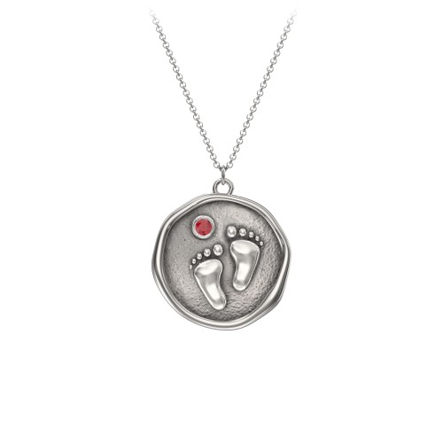 Engravable Baby Footprint Medallion Necklace with Birthstone – Sterling Silver with Garnet