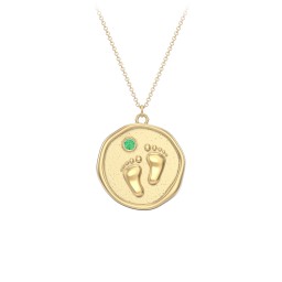 Engravable Baby Footprint Medallion Necklace with Birthstone in 9K Solid Yellow Gold with Emerald