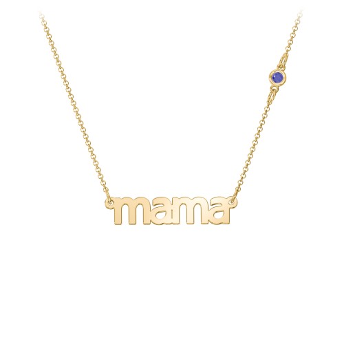 Mama Necklace In Modern Font with Satellite Birthstone – 18K Gold Plated Silver with Blue Sapphire