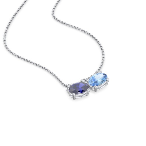 East-West Oval Necklace with 2 Gemstones – Sterling Silver with Blue Sapphire and Blue Topaz