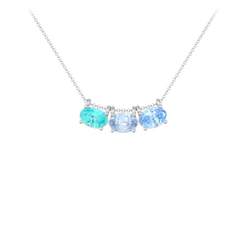 East-West Oval Necklace with 3 Gemstones – Sterling Silver with Mint Premium Zirconia, Aquamarine, and Blue Topaz