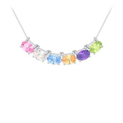 East-West Oval Necklace with 6 Gemstones – Sterling Silver with Pink Tourmaline, Cubic Zirconia, Blue Topaz, Fancy Yellow Premium Zirconia, Amethyst, and Peridot