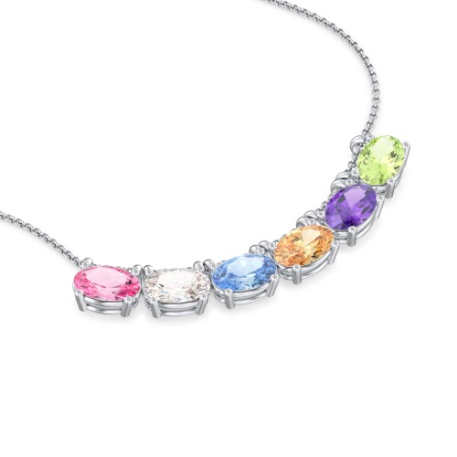 East-West Oval Necklace with 6 Gemstones – Sterling Silver with Pink Tourmaline, Cubic Zirconia, Blue Topaz, Fancy Yellow Premium Zirconia, Amethyst, and Peridot
