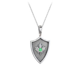 Maple Leaf Hero Shield Pendant with Gemstone in 925 Sterling Silver with Emerald
