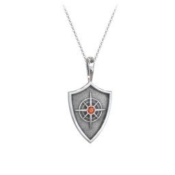 Compass Hero Shield Pendant with Gemstone in 925 Sterling Silver with Garnet