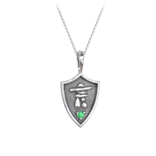 Inukshuk Hero Shield Pendant with Gemstone – Sterling Silver with Emerald