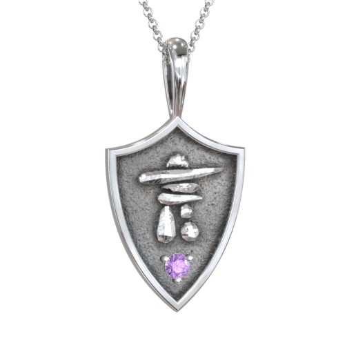 Inukshuk Hero Shield Pendant with Gemstone – Sterling Silver with Amethyst